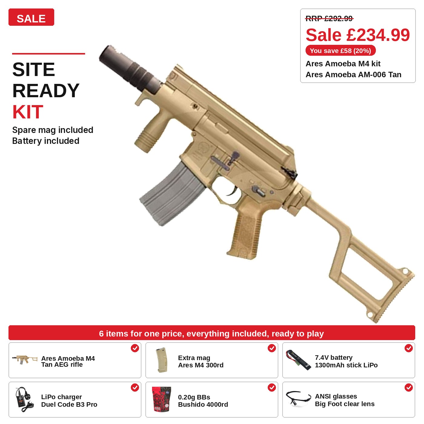Ares Amoeba M4 Kit, tan, mock suppressor, ready to play