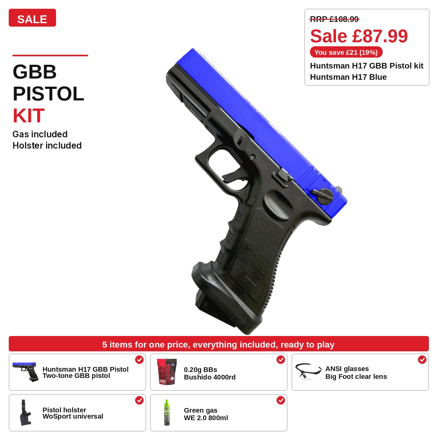 Huntsman H17 GBB Pistol Kit, two-tone, ready to play