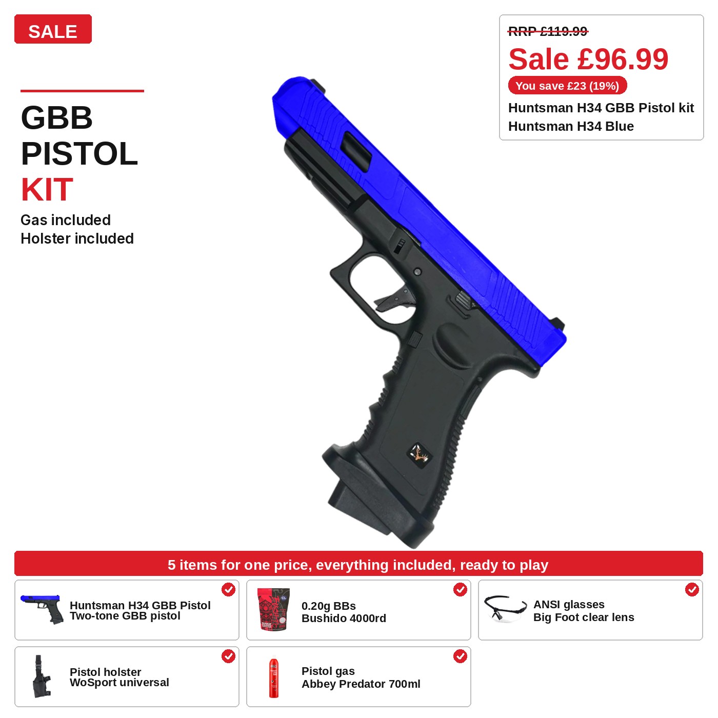 Huntsman H34 GBB Pistol Kit, two-tone, ready to play