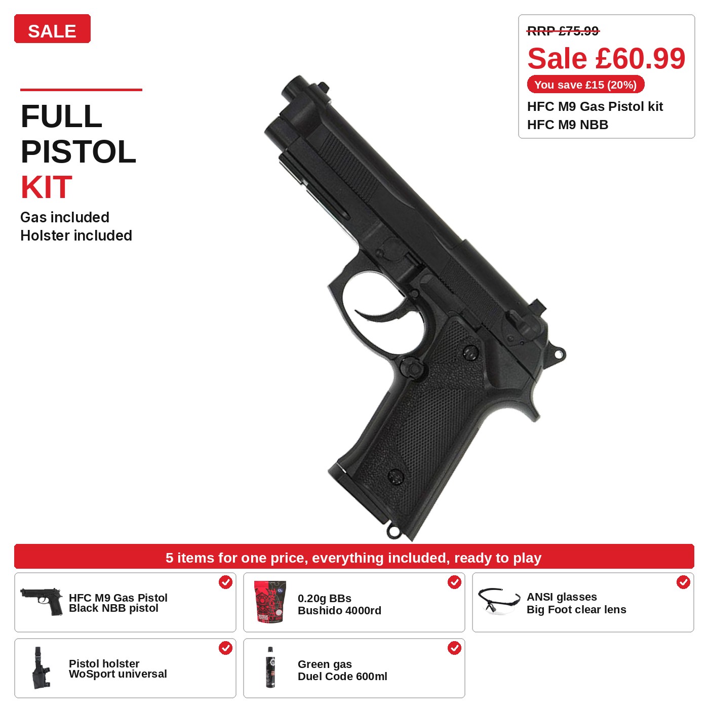 HFC M9 Gas Pistol Kit, green gas included