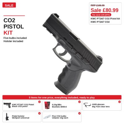 KWC PT24/7 CO2 Pistol Kit, five bulbs included
