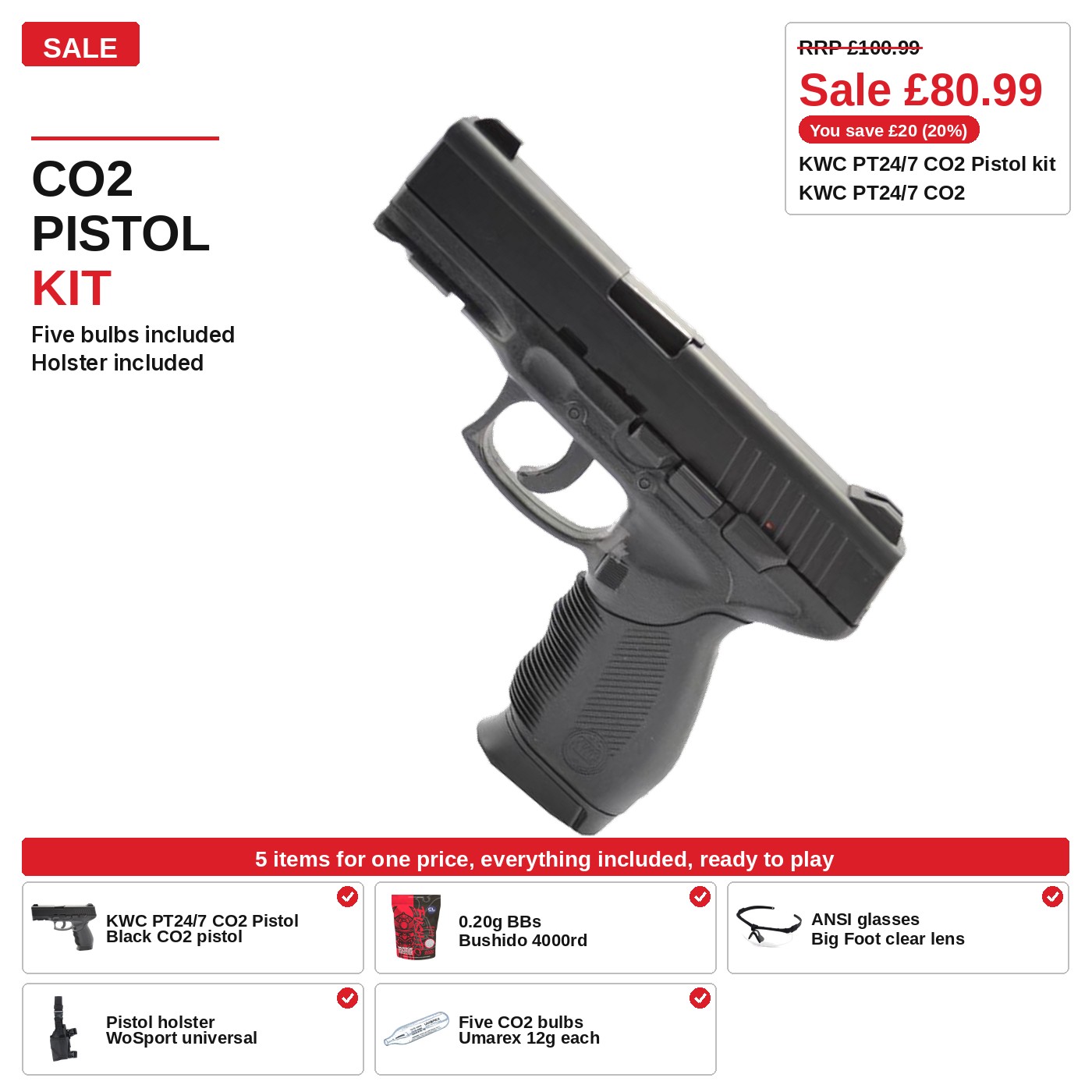 KWC PT24/7 CO2 Pistol Kit, five bulbs included