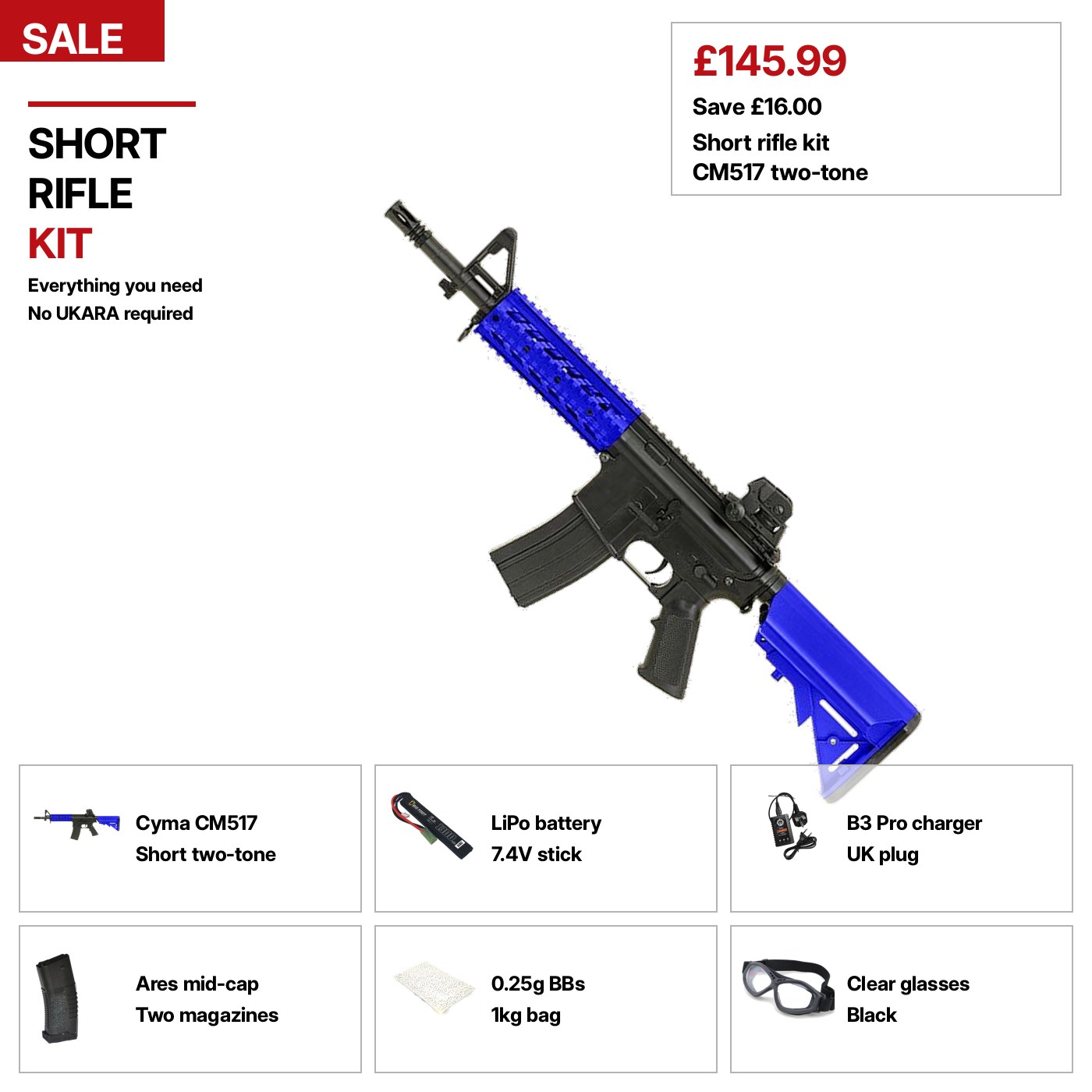 Short rifle kit. Battery, charger and eye protection.