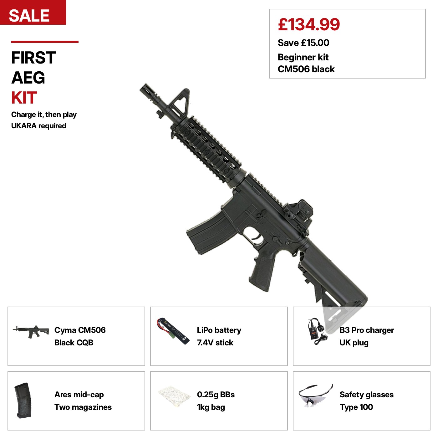 First AEG kit. Black rifle, power and ammo.