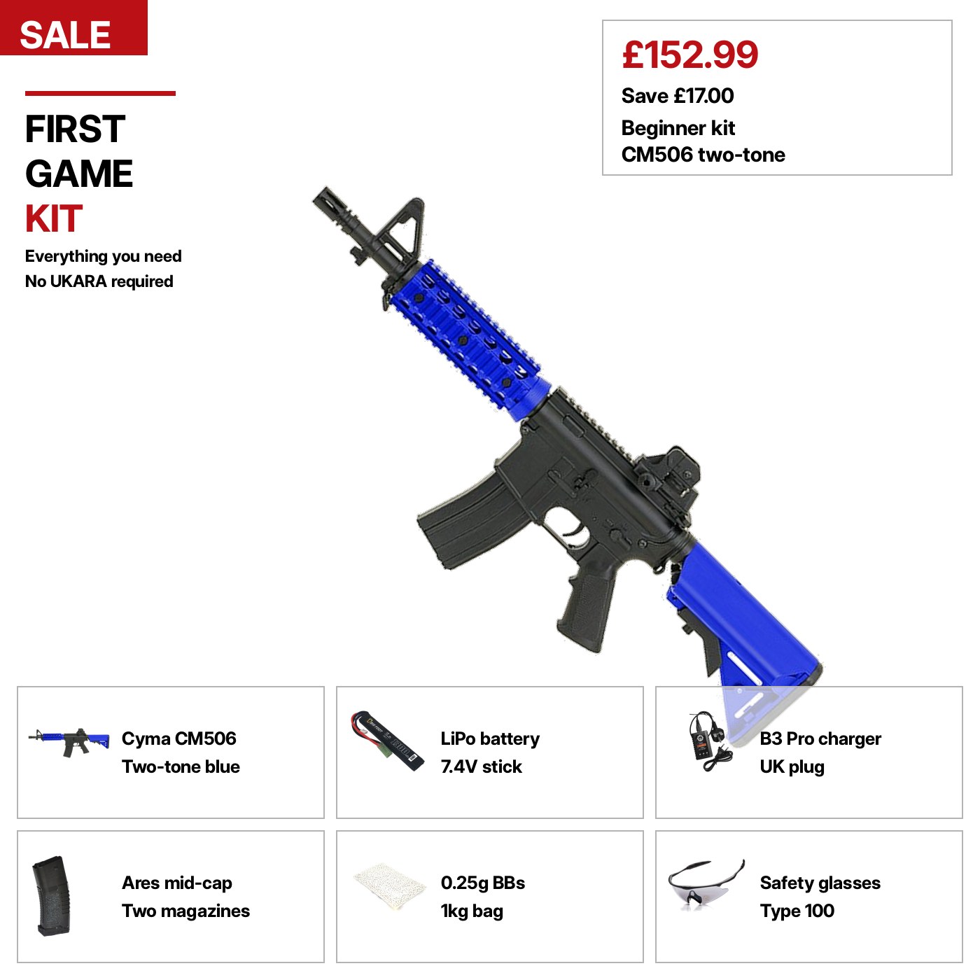 First-game kit. Rifle, power, ammo and eye protection.